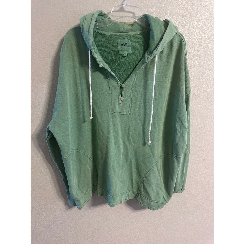 Aerie‎ Pullover Hoodie Quarter Button Up Green Comfy Sweatshirt M